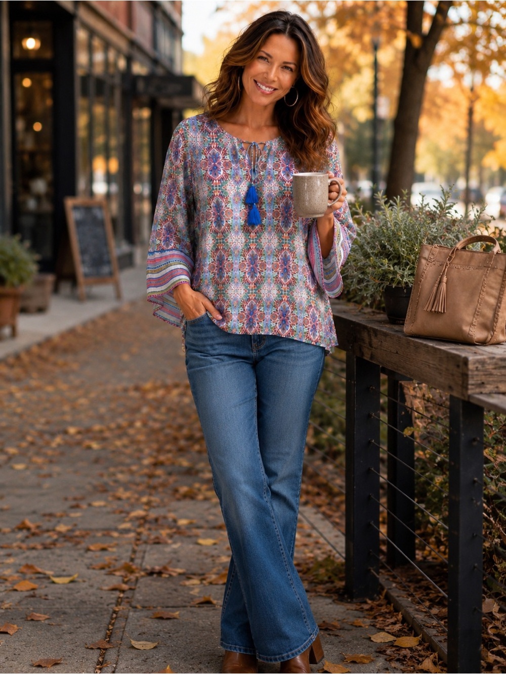 Sundance Size L Boho Lightweight Flattering Print Bell Sleeve Tassel Tie Blouse